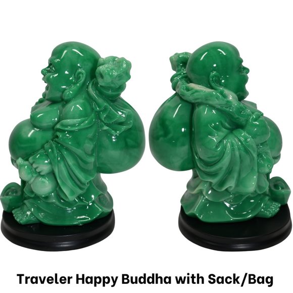 6" H Traveler Happy Buddha with Sack/Bag Jadite Simulated Jade  Base 5" W x 4" D - Picture 3 of 5